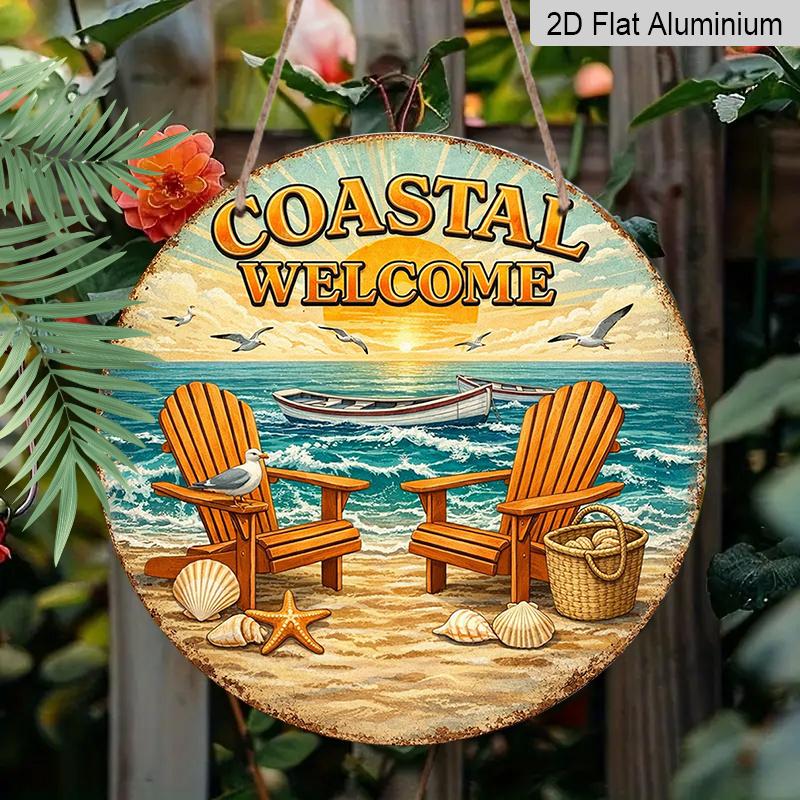 2D Flat, 1pc Round Aluminum Hanging Sign - "Coastal Welcome" Beach Sunset Vintage Metal Wall Art, Retro Ocean Chair & Seashell Design, Perfect for