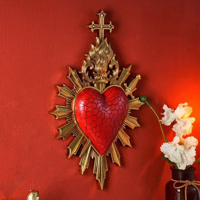 Настенные декоративные таблички «Святые Сердца», Подвесная скульптура из смолы с антикварной отделкой, Готический скульптурный орнамент «Сердце Иисуса» для декора стен прихожей