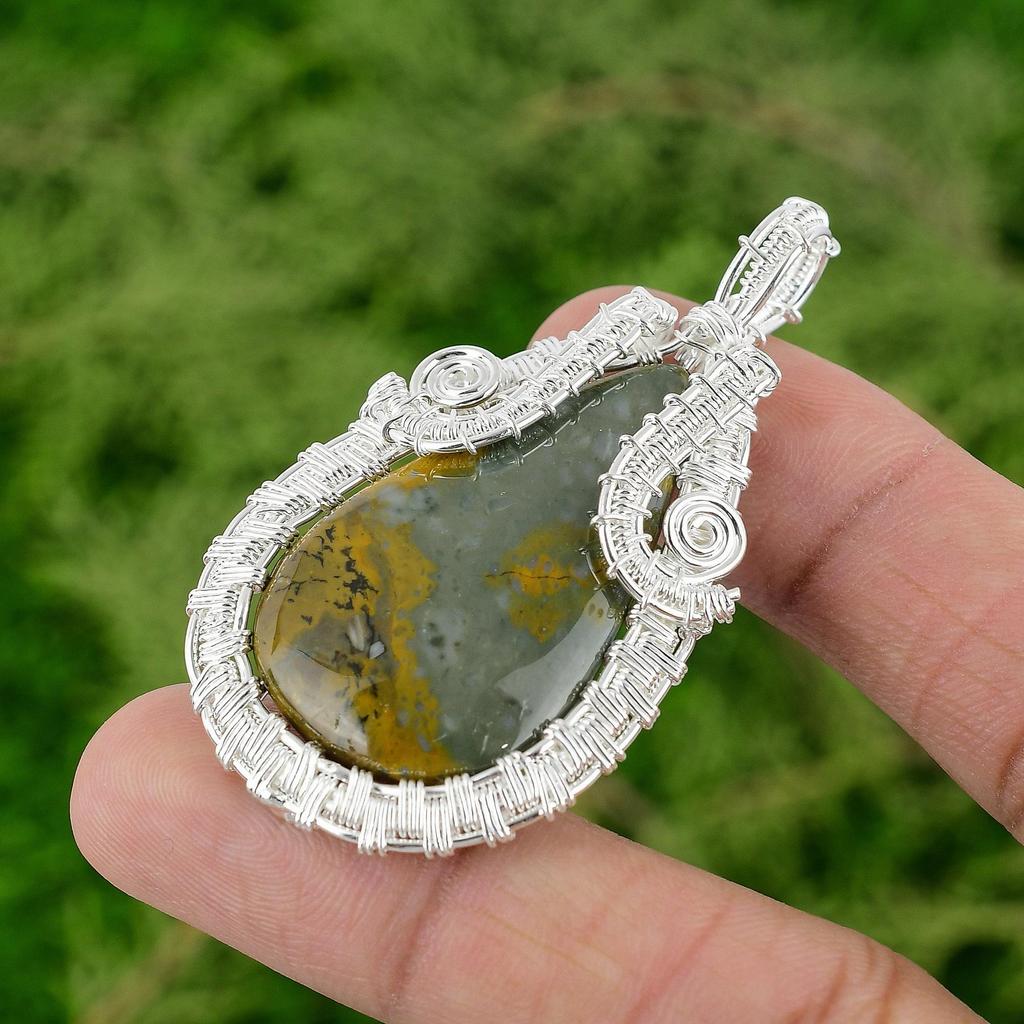 Daughters Day Sale Polychrome Jasper Stone 925 Sterling Silver Wire Wrap Pendant
