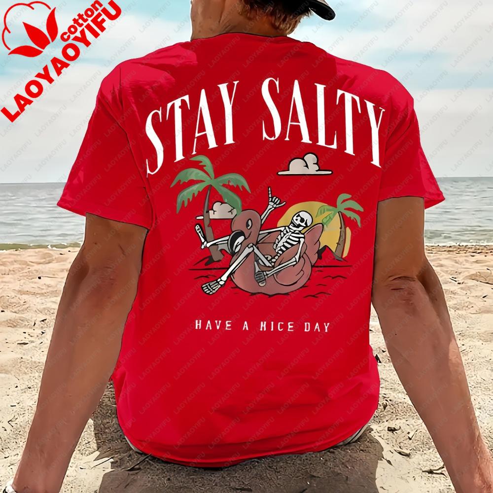 Keep Salty Skull Pattern Unisexs Summer Pure Cotton Fashionable Summer Beach Pattern Loose Casual Sports Short Sleeved Tshirt