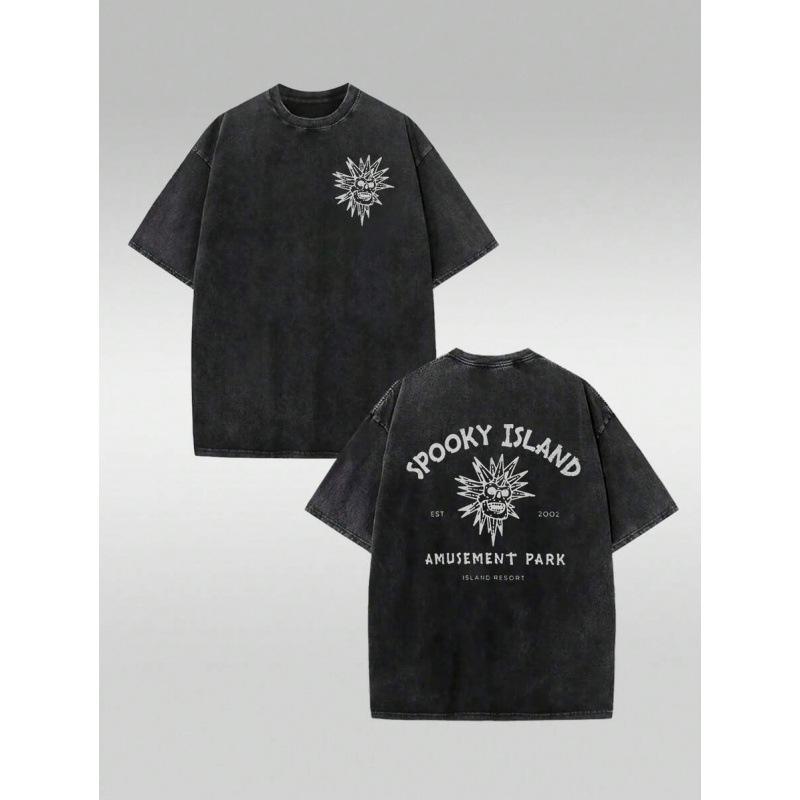 230Gspooky Island Washed Pure Cotton Shirt, Retro