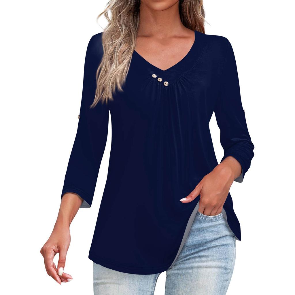 Shirts For Women Trendy V Neck Button T Shirts Casual Solid Color Summer Tees T Shirt Blouse Three Quarter Sleeve Tops For Women