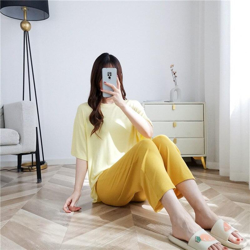 2025 новый женский пижамный костюм весна-лето модальная пижама с короткими рукавами + брюки-восьмерка домашний костюм из двух частей тонкая пижама