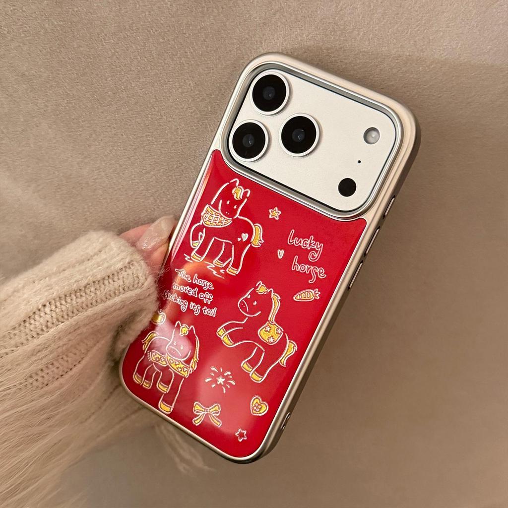 Красный мультяшный конь на Новый год Чехол для iPhone 17 Pro Max