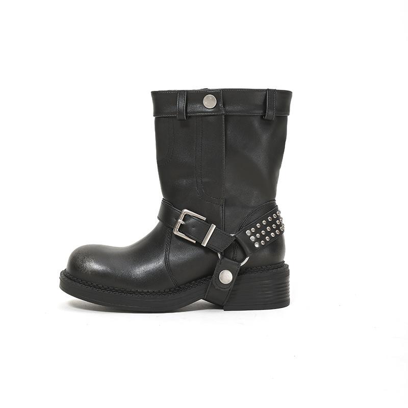 Polished Coarse Heel Martin Boots Locomotive Style Black Simple Knight Boots Round Head Thick Sole Heightening Sleeve Female