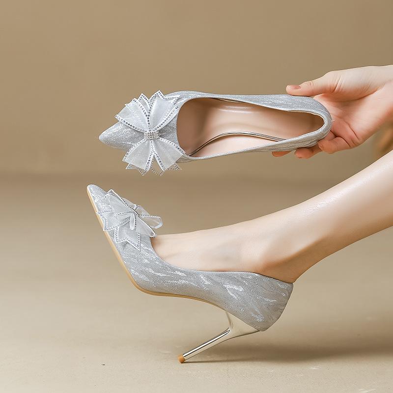 French Crystal Shoes Spring and Autumn New Silver Wedding Shoes Rhinestone Bow Pointed High Heels Women's Stiletto Shoes