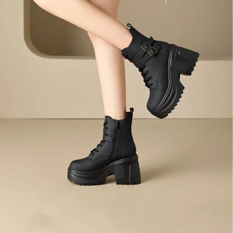 Мода 10 см Микрофибра Синтетика Женские Молния Массивный Каблук Платформа Ботильоны Осень Лодыжка Весна Лодыжка Мотоциклетные Обувь на Толстой Подошве