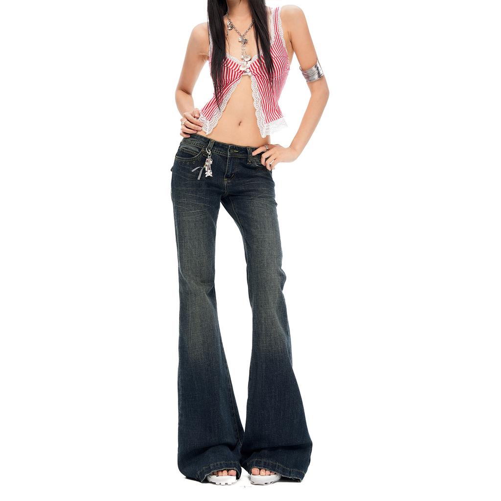 American retro riveted Spice Girl low-rise slightly pulled jeans women's summer new loose and thin flared pants