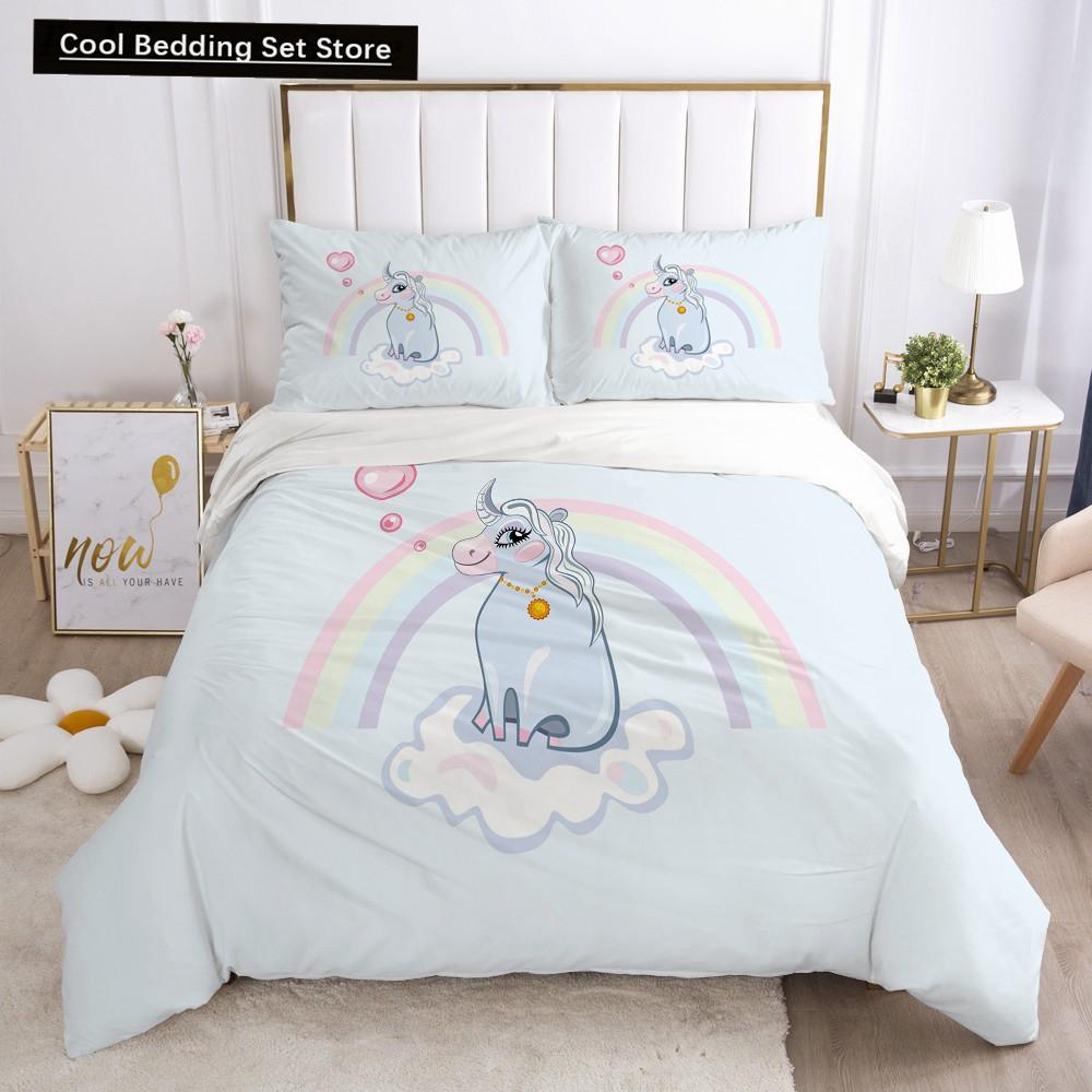 Детский детский розовый комплект постельного белья Queen King Cartoon Unicorn Белый пододеяльник Twin Полный цветной 2/3 шт полиэстеровый пододеяльник