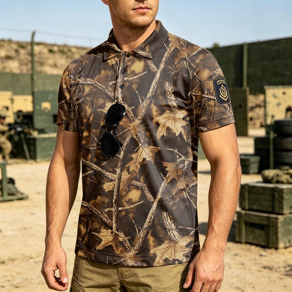 Men's Tactical Short Sleeve Polo Shirt Loose Fit Breathable Outdoor Quick Dry Camouflage Print with Magic Tape Patch Area