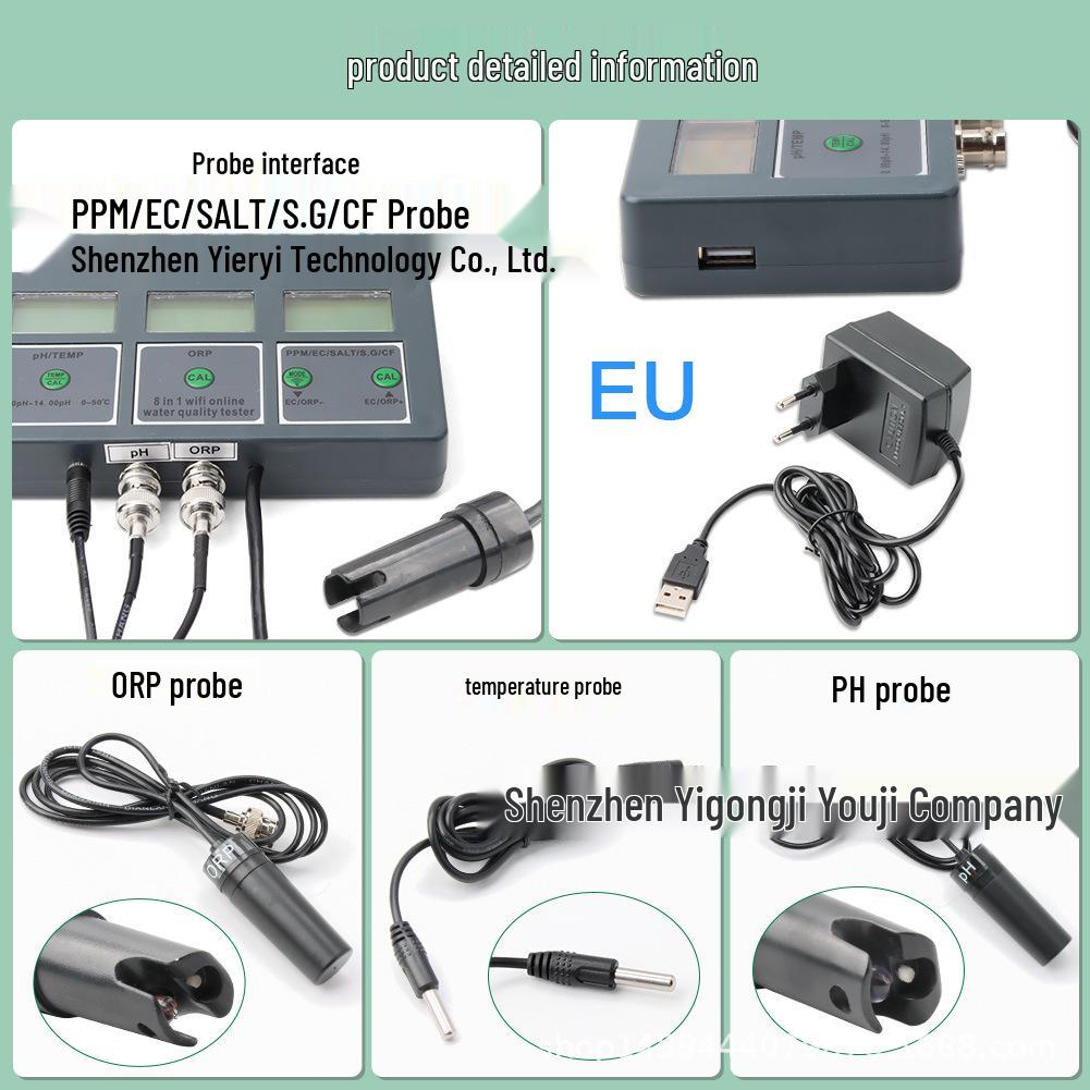 WiFi Mobile App 8-in-1 Water Quality Tester: PH, ORP, EC, Salinity - Fish Tank Online Detector