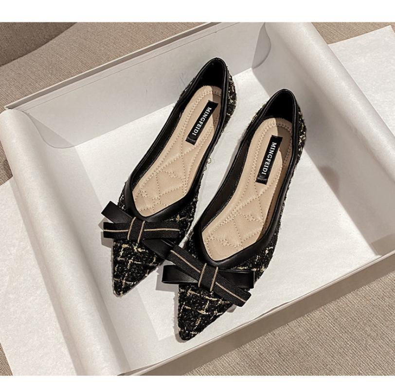 Fashion Comemore Pointed Toe Flat Shoes for Women Shallow Black Sweet Bowknot Slip On Female Shoes Party Footwear Black Zapatos Mujer 40