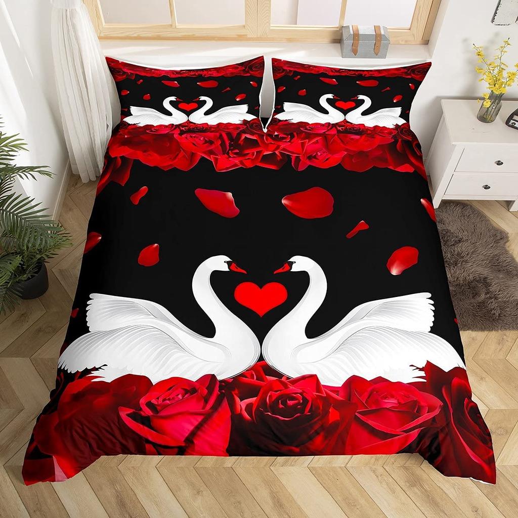 Romantic Swan Duvet Cover Set King Wild Animal Comforter Cover Butterfly Floral Bedding Set For Valentine's Day Wedding Decor