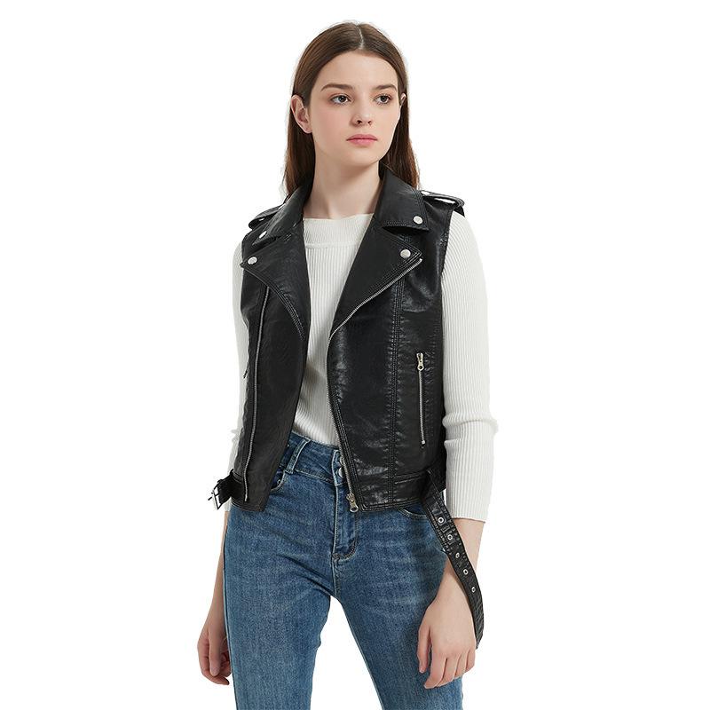 Women's Slim Fit PU Leather Motorcycle Vest with Belt and Zipper