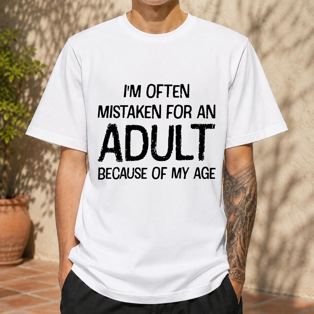 2026 New Cotton Tshirt Funny Selfdeprecating Text Print Misidentified As An Adult Because Of Age Casual Short Sleeve