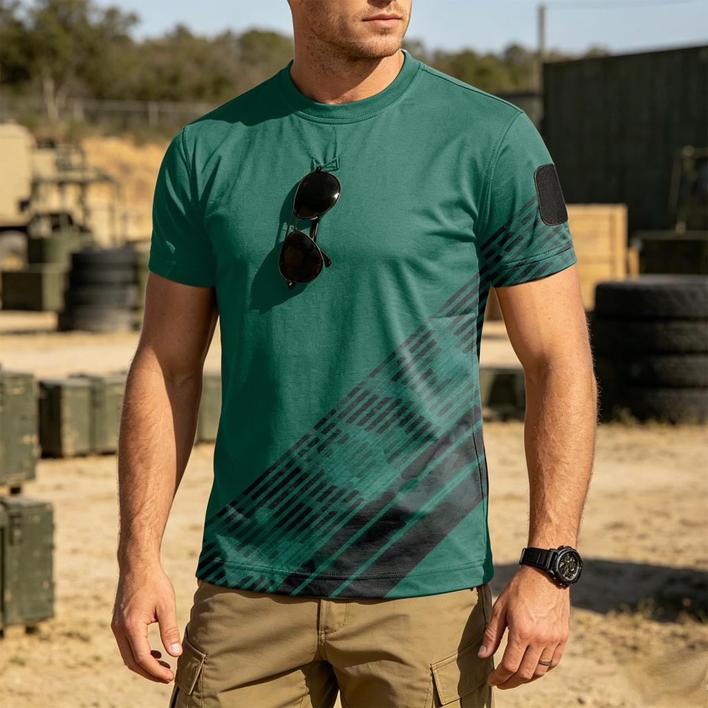 Men Tactical Crew Neck Loose Fit Breathable Outdoor Quick Dry T Shirt with Camouflage Print and Hook Loop Patch Design