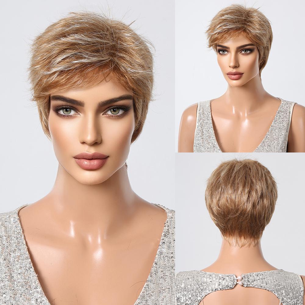 ALAN EATON Черно-коричневые синтетические парики с мелированием Короткие прямые парики для женщин Натуральные волосы Термостойкие парики с челкой