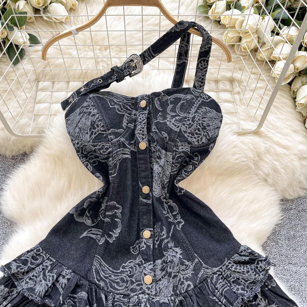 European and American spice girls style denim tube top dress women's retro old trailing design fried street small fluffy short skirt