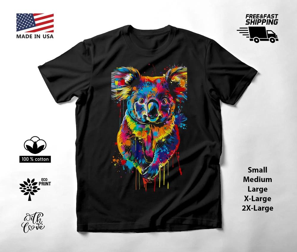 Koala Portrait Neon Graphic T-Shirt Black Unisex S-2XL