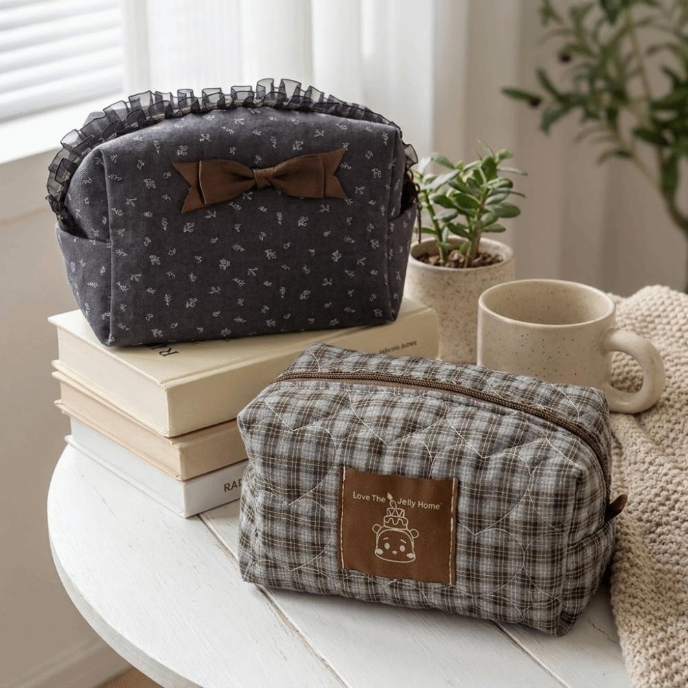 Plaid Lace Trim Makeup Bag Large Capacity Pencil Case Chic Cosmetic Storage Bag Home