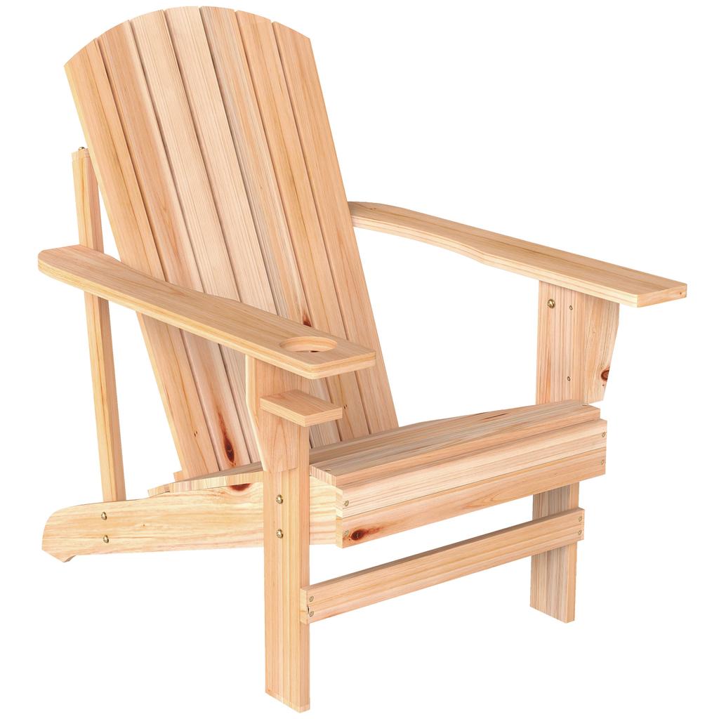 Adirondack Garden Chair with Cup Holder, Garden Lounger, Balcony Chair, Solid Wood, Natural, 72 x 95 x 93 cm