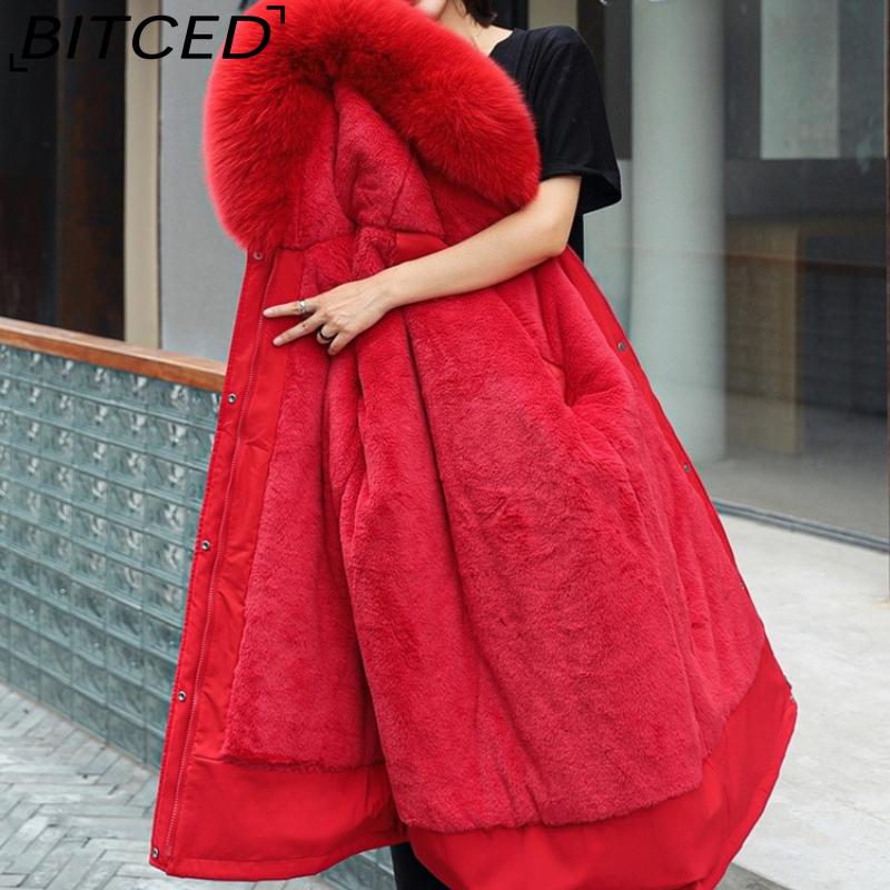 BITCED Winter Women's Mid-Length Cotton Coat with Large Fur Collar and Fleece Lining