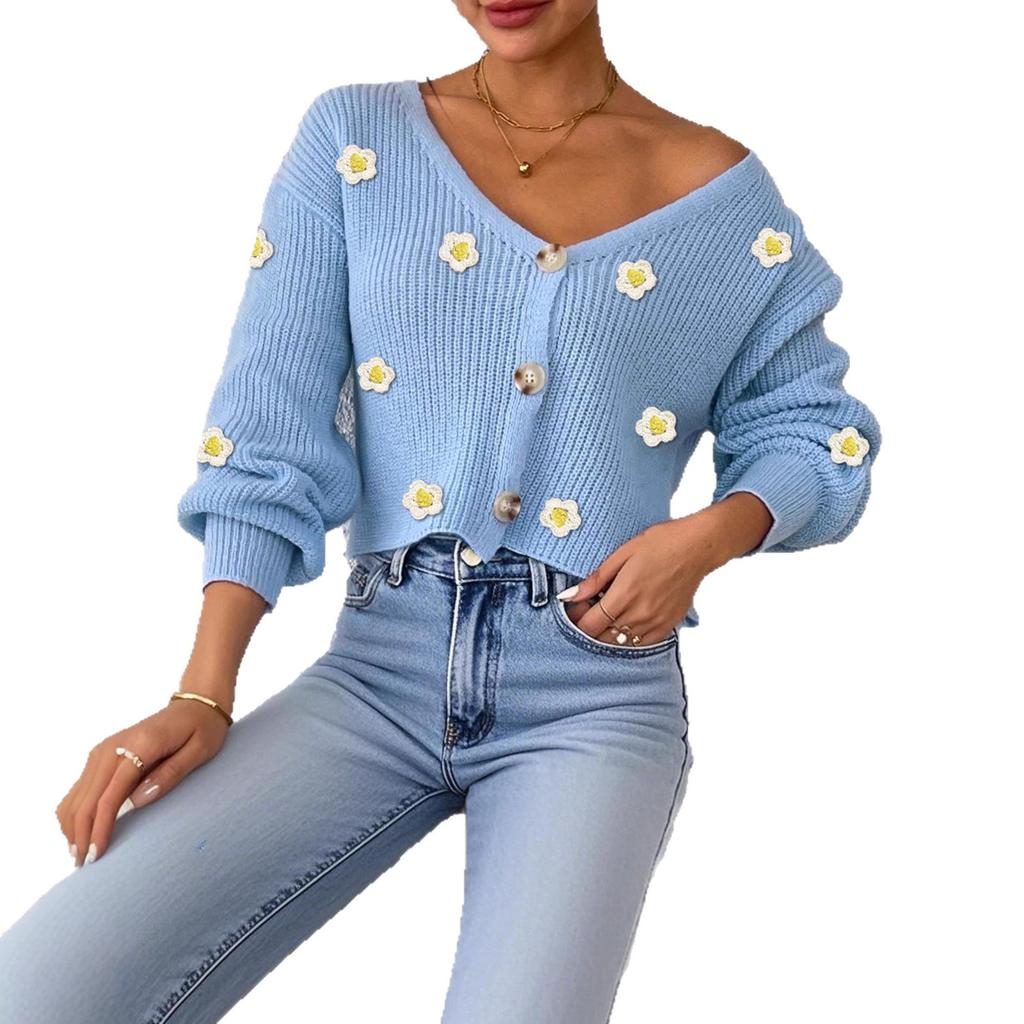 Свободный кардиган с длинными рукавами, с трехмерной цветочной вставкой, связанной крючком вручную, короткое пальто для женщин