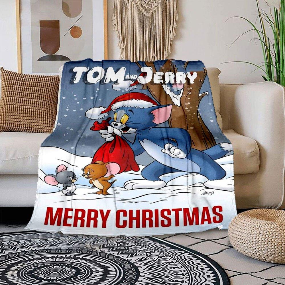 Tom and Jerry Christmas CardBlanket Flannel Throw Blanket for Sofa, Bed, Travel, Camping, Office
