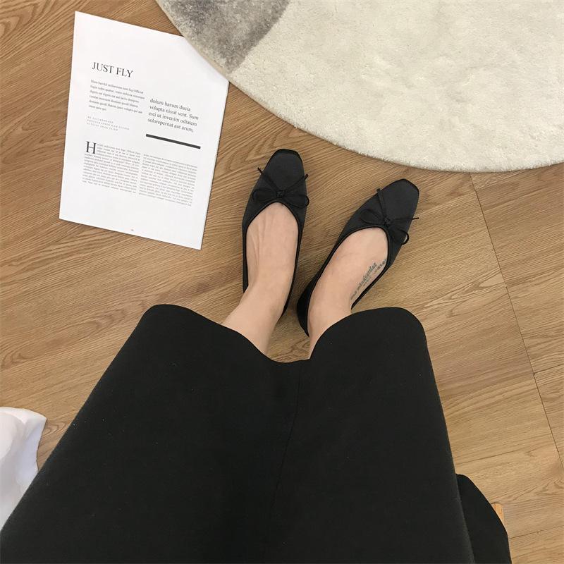 Champagne Bow Square Head Light Mouth Flat Sole Shoes Women's Summer 2025 New Gentle Satin Grandma Shoes