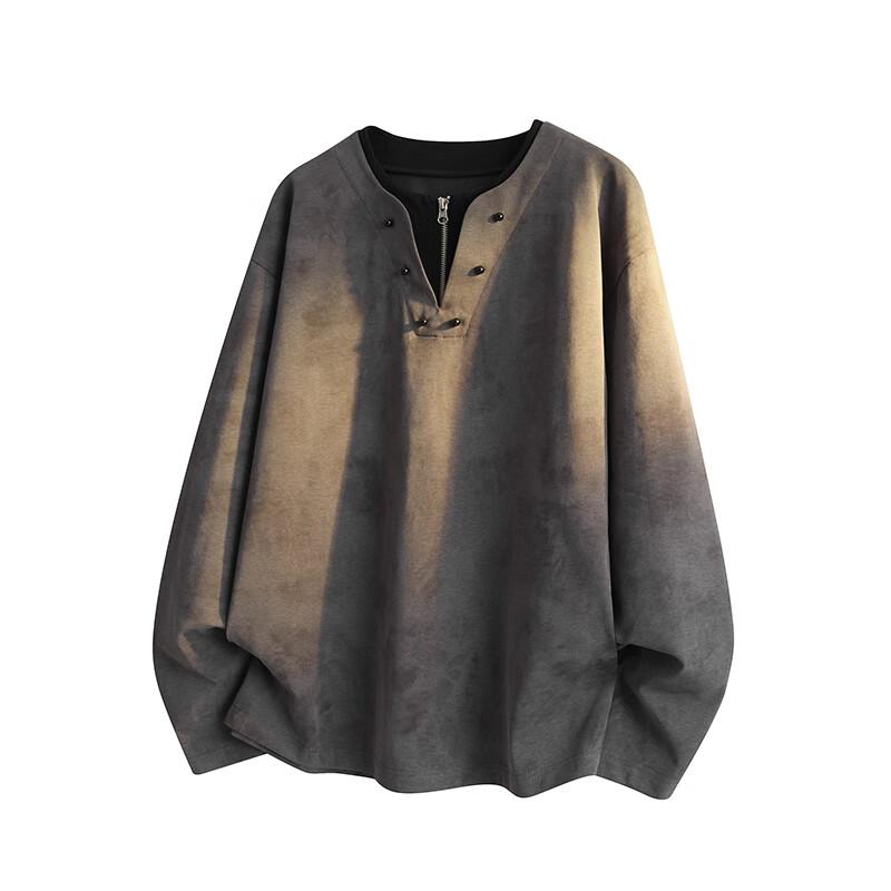 Dingfengbaoluo Lazy Style Two-in-One Long Sleeve T-Shirt American Vintage Tie-Dye Half-Zip Loose Top