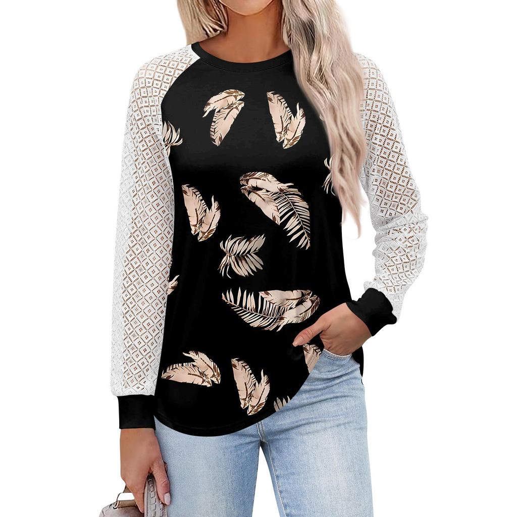 Женские футболки с длинным рукавом, топы с круглым вырезом и кружевом, повседневные блузки, модные топы