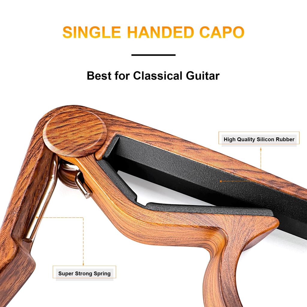 WINGO Classic Flat Guitar Capo for Classic Nylon String Guitar Grain 5 Picks (Wood Color) -