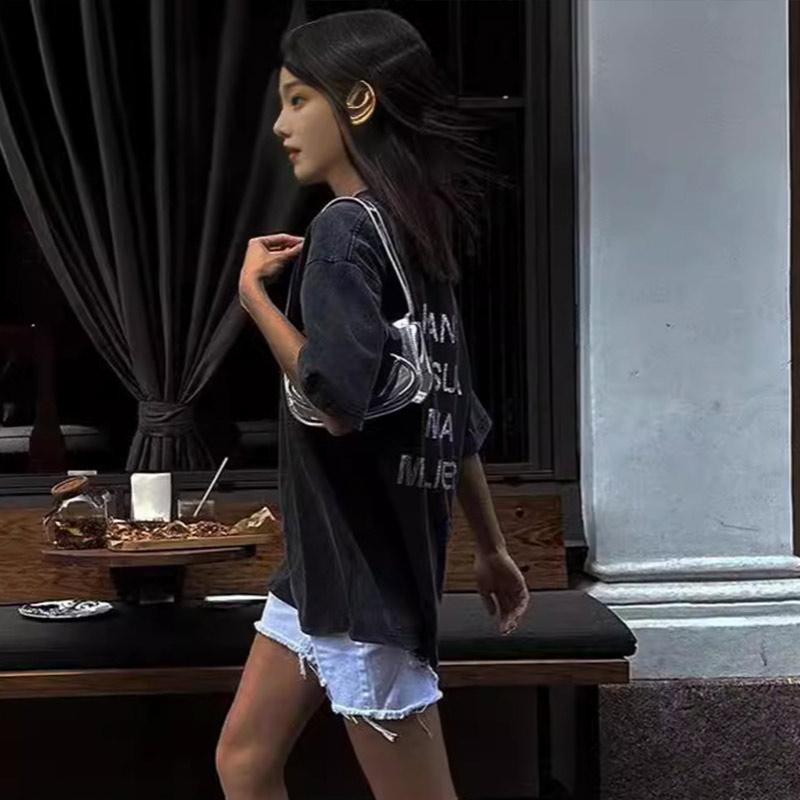 Винтажные повседневные хлопковые футболки со стразами, женские летние рубашки с коротким рукавом и буквенным принтом, универсальные уличные топы