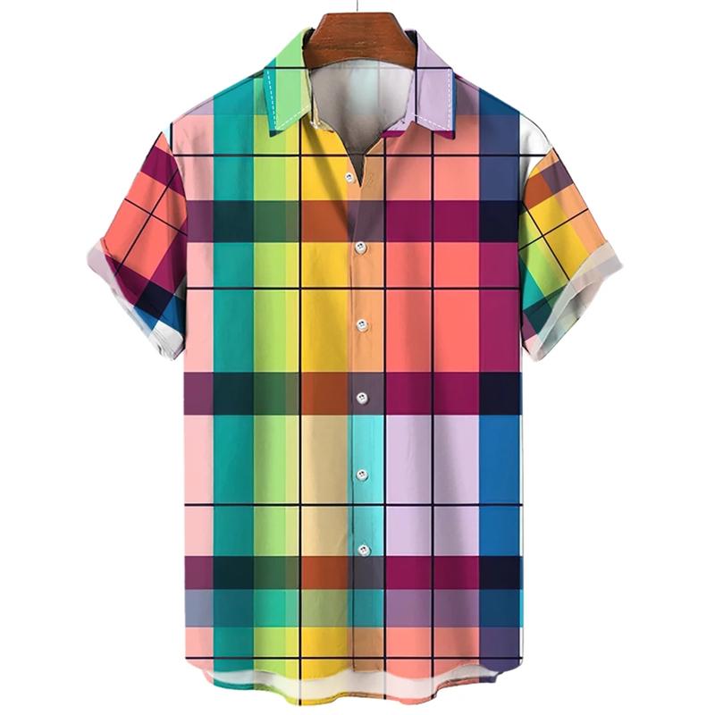 Крутая гавайская радужная разноцветная клетчатая рубашка для мужчин, свободного покроя, 3D, модная повседневная, с коротким рукавом, простая пляжная одежда на летних пуговицах