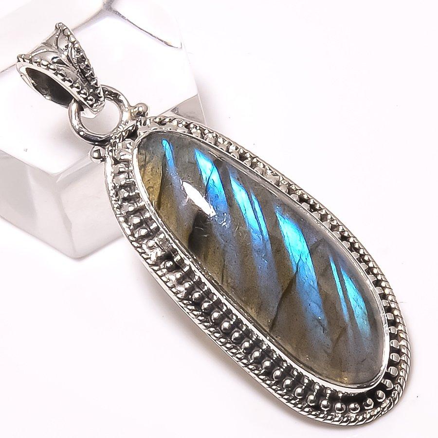 Natural Labradorite Gemstone 925 Solid Sterling Silver Gift Pendant 1.73" L3K50