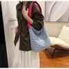 Women Contrast Color Lattice Magnetic Buckle Bucket Bag Leisure Canvas Cloth Shoulder Bags Tote Handbag