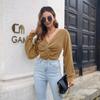 Women Autumn Winter Cropped V Neck Knotted Sweater Solid Color Balloon Sleeve Sizes S To L