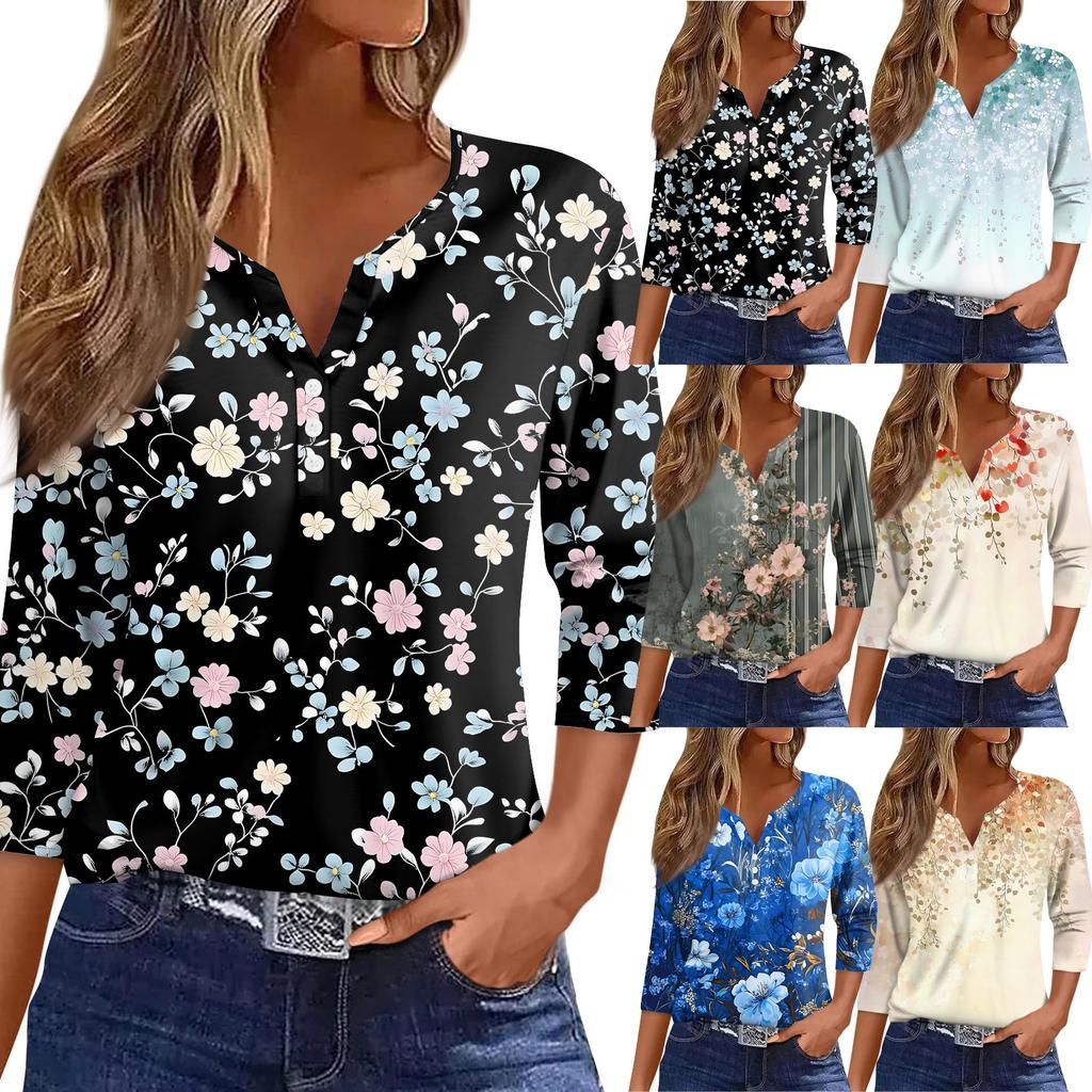 Women's T Shirt Print Button 3/4 Sleeve Daily Weekend Fashion Basic V- Neck Regular Top