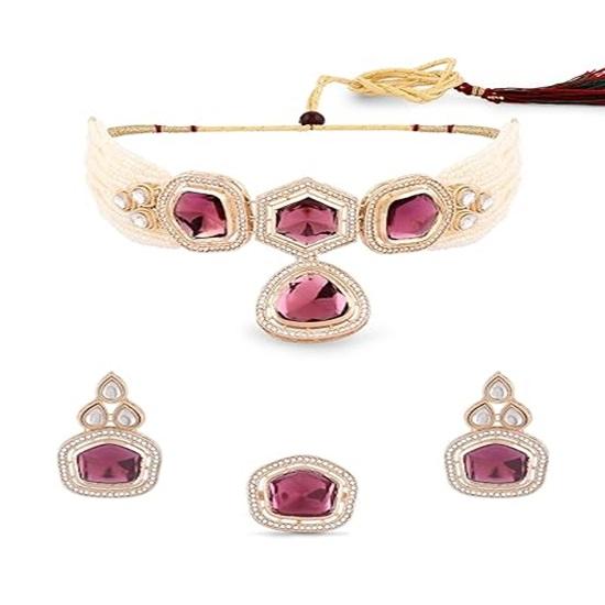 Фиолетовый многорядный кундан камни бусины колье серьги кольцо комплект для женщин