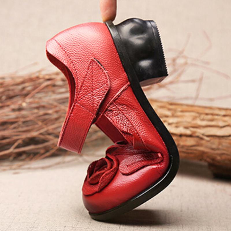 2023 Женские кожаные туфли ручной работы в стиле ретро на толстом каблуке с цветами Туфли-лодочки на высоком каблуке с круглым носком