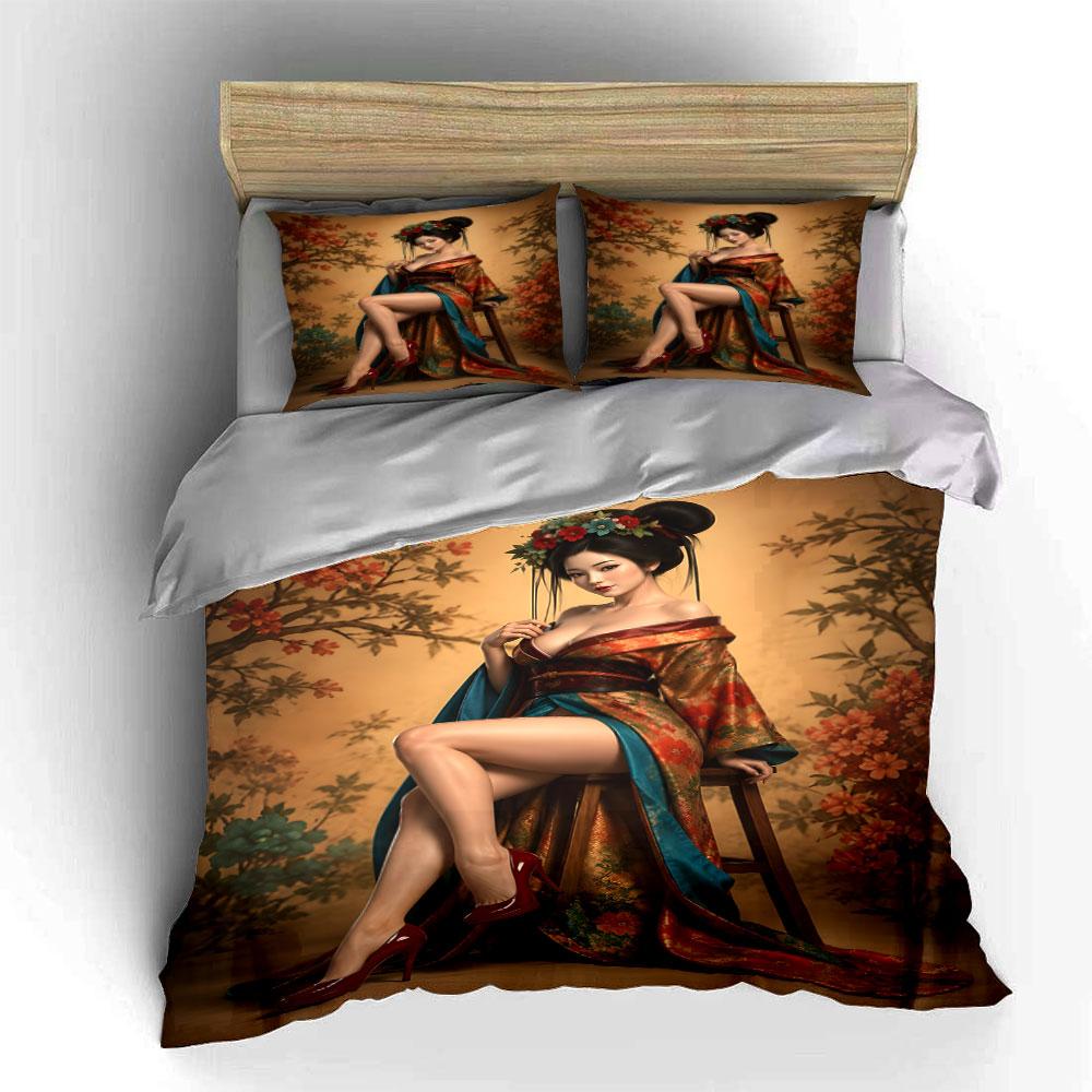 Elegant woman in ornate kimono sitting Print Bedding Set 1 Duvet Cover 2 Pillowcases for Adult and Children Luxury Gift