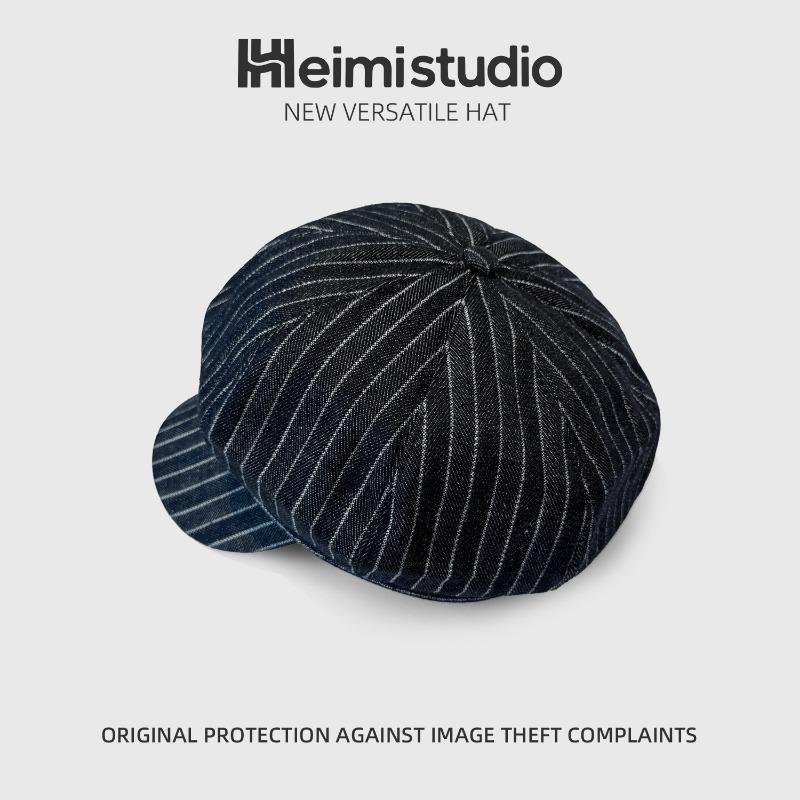 25 Ранняя осень новая полосатая темно-синяя универсальная восьмиугольная шляпа женская большой обхват головы показывающая лицо маленькая шляпа художника