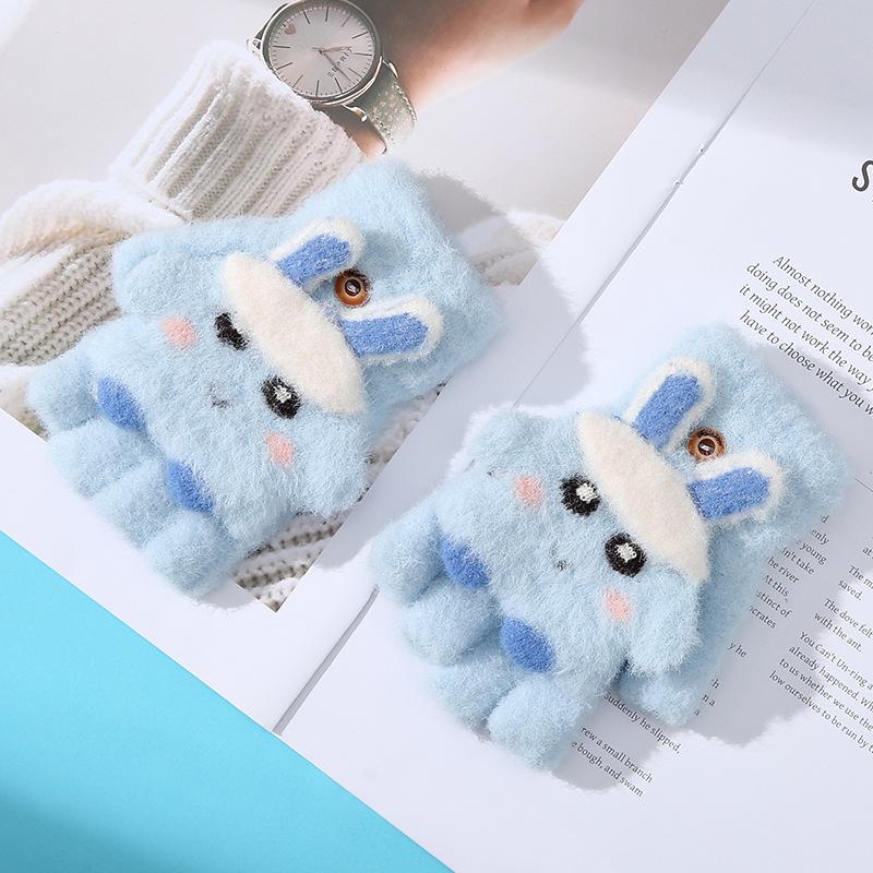 Cartoon Cute Children's Half Finger Flap Warm Gloves In Autumn and Winter Cold Proof and Thickened Baby Girl Writing and Riding A Bicycle Five-finger