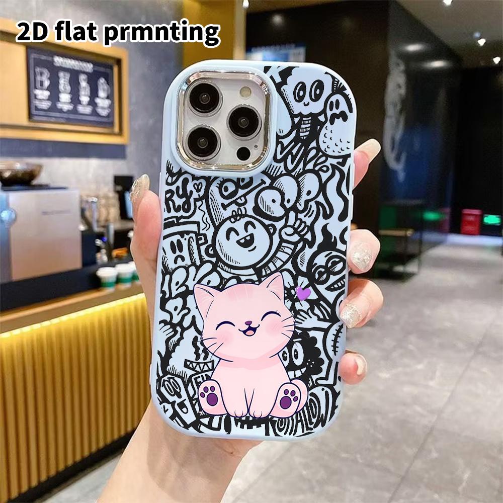 Чехол для телефона: 2D плоский дизайн, подходит для iPhone 18 17 16 15 14 13 Pro, парный стиль, светло-розовый улыбающийся котенок, Рождественский и Хэллоуинский подарок
