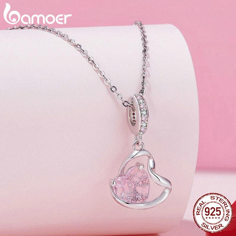BAMOER стерлингового серебра 925 пробы розовое сердце бусины бабочка подвеска для женщин браслет и ожерелье DIY подарок на День благодарения ювелирные изделия