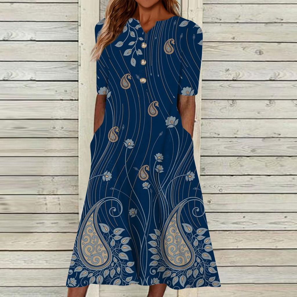 Women's Summer Casual Printed V-Neck Short-Sleeve Swing Dress