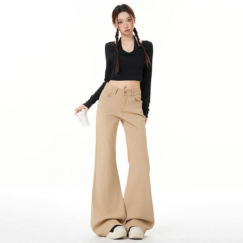Khaki embroidered elastic micro-flared jeans women's autumn and winter high waist and thin non-stick leg embroidered floor pants Yichun