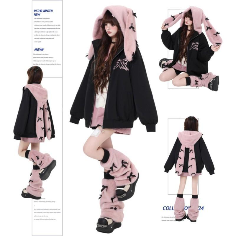 Womens Bow Bunny Ear Hooded Padded Coat Loose Fit Winter Warm Outerwear