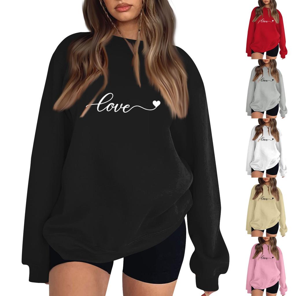 Women's Round Neck Tops Cotton Women's Casual Fashion Valentine's Day Print Long Sleeve O-Neck Pullover Top Blouse