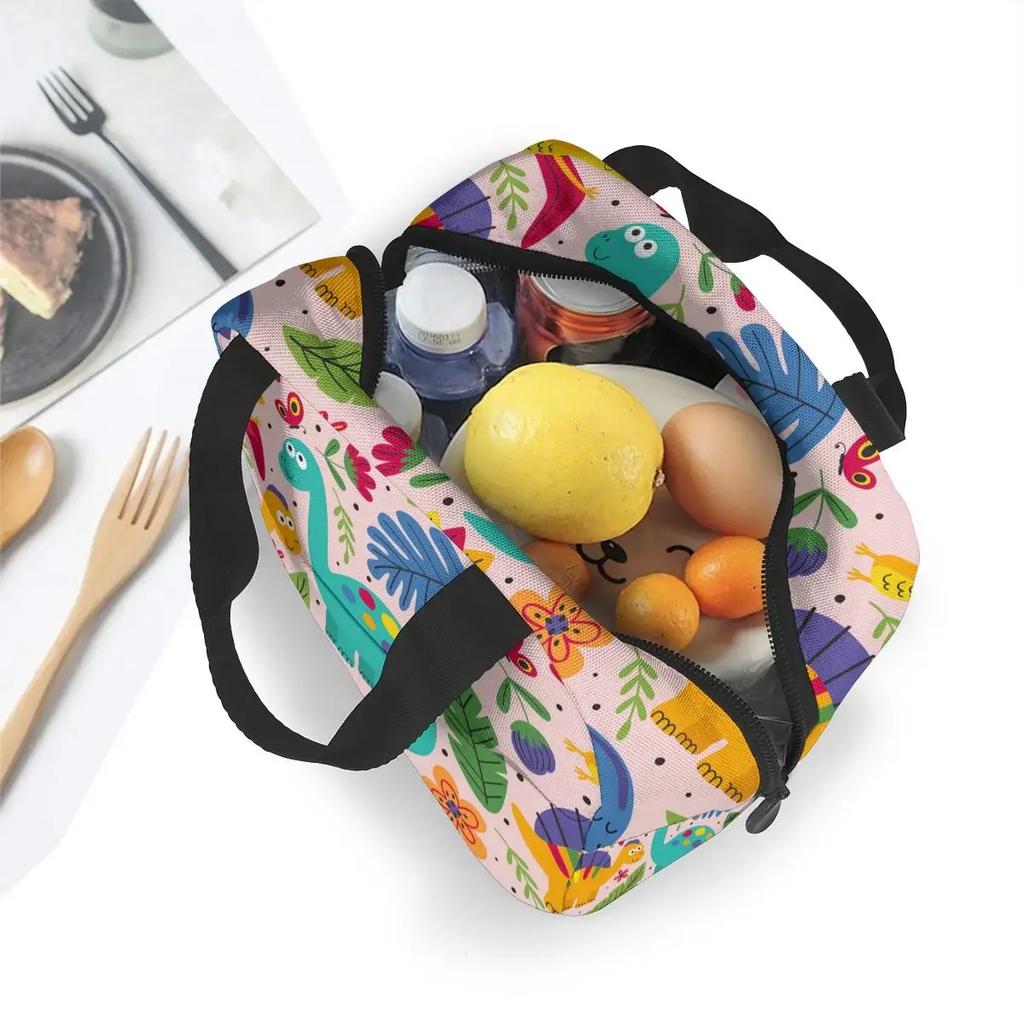 Cartoon Dinosaur Canvas Portable Cooler Lunch Bag Fashion Thermal Insulated Food Bags Food Picnic Lunch Box Bag for Adult Kids